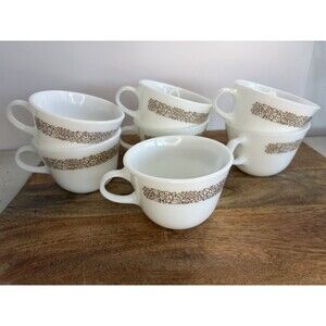 7 PYREX Vintage Milk Glass Coffee Cups "Woodland" Brown + White Mint